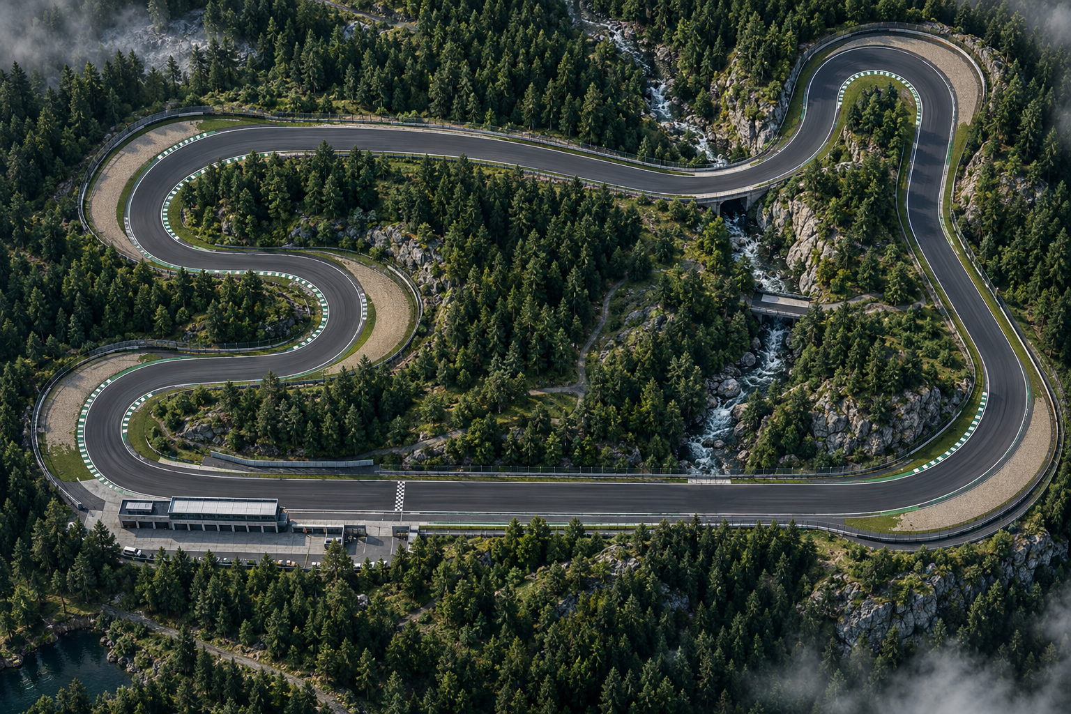 Detailed aerial forest circuit with hairpins, start finish straight, pit garage, guardrails and creek