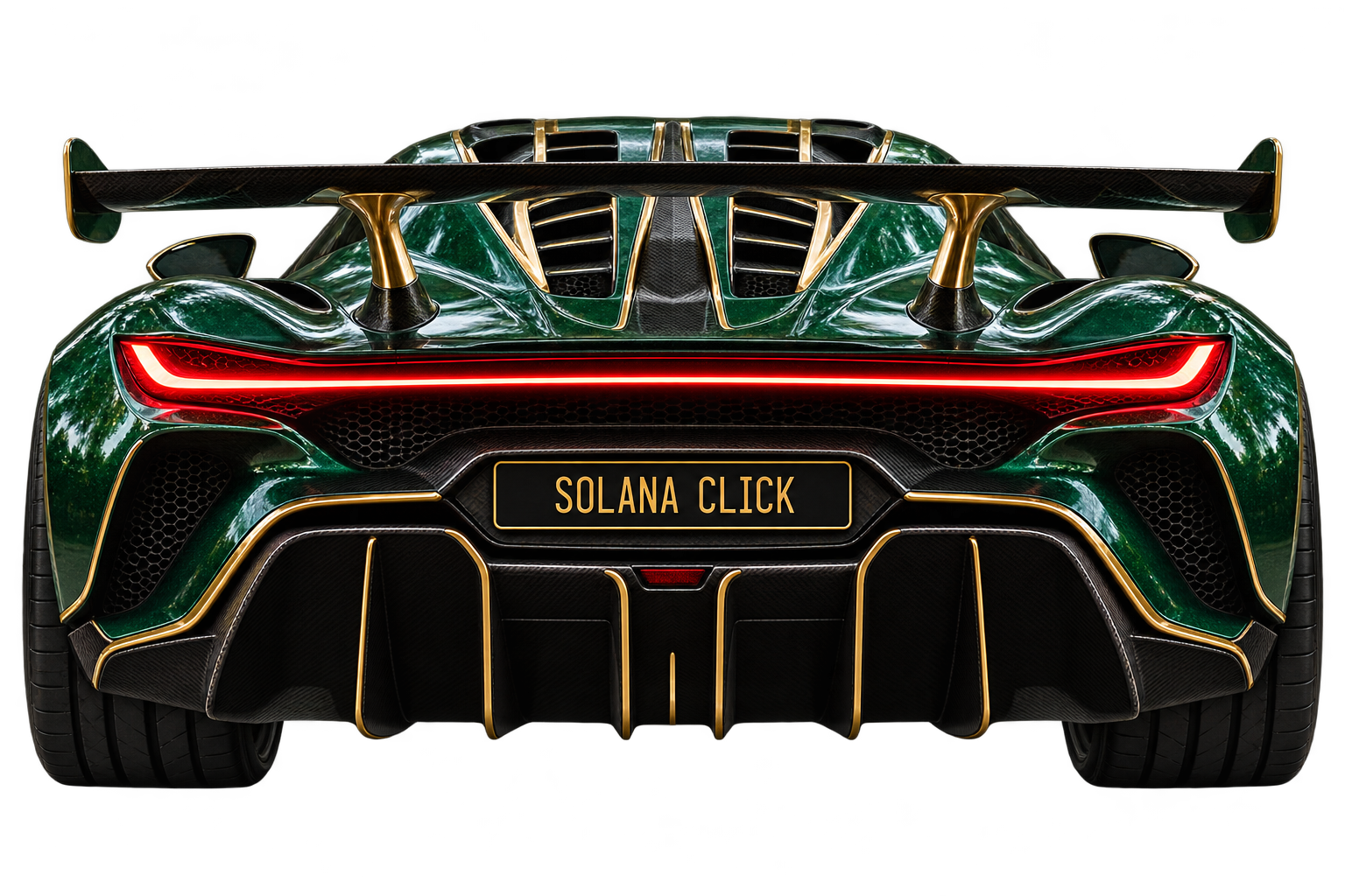 Rear view of the Solana Click emerald and gold luxury racing car